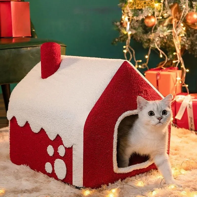 

Christmas Cat House Fully Enclosed Warm Soft Autumn Winter Pet Bed Detachable Chimney Manufacturer Wholesale Ready Stock