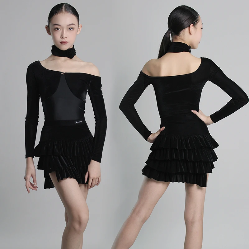 

Костюм для латинских танцев, бархатная одежда для выступлений для девочек, черное боди с открытыми плечами, юбка-тортик, детская тренировочная одежда для латинских танцев 2317