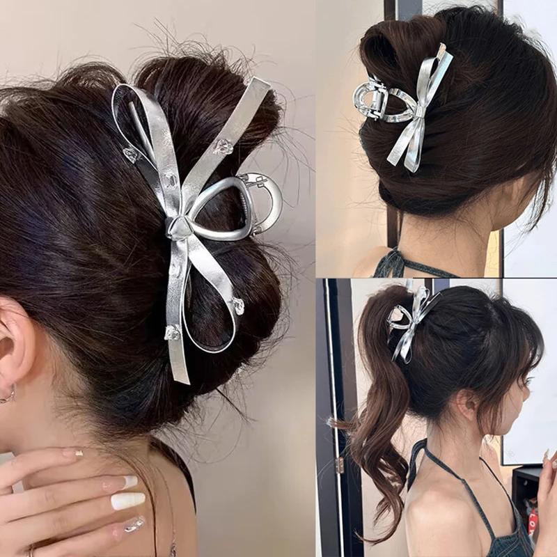 Vintage Ribbon Bow Hair Claws Exquisite Silver Hair Clip Clasp Hairpins For Women Hair Accessories Barrettes Shark Clips