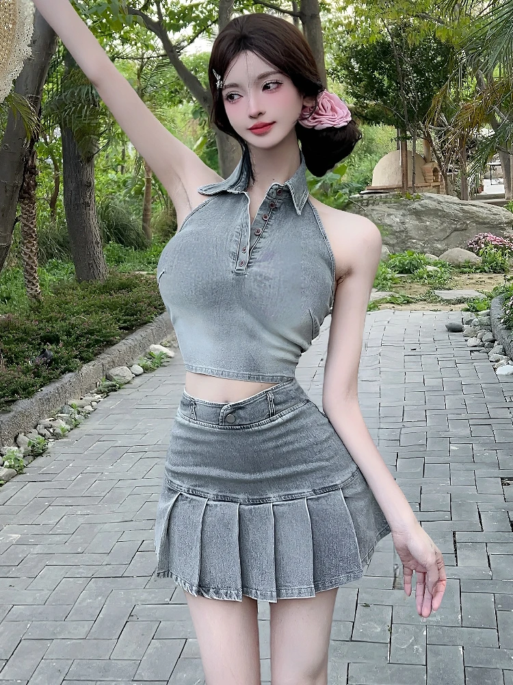 

American Style Vintage Denim Skirts Set Women Summer Backless Halter Tank High Waist Slim Pleated Skirts Sexy 2-Piece Set