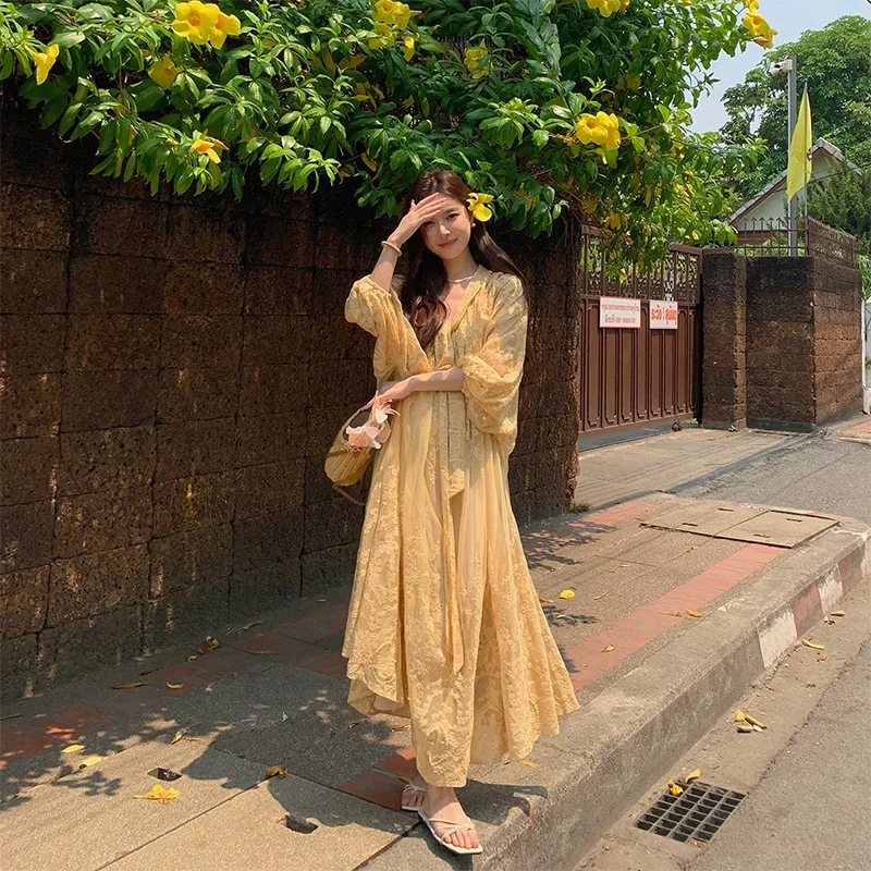 

Sunshine Yellow New Heavy Embroidery Lace Half-length Skirt Dress Women's Spring Summer V-neck Holiday Travel Dress