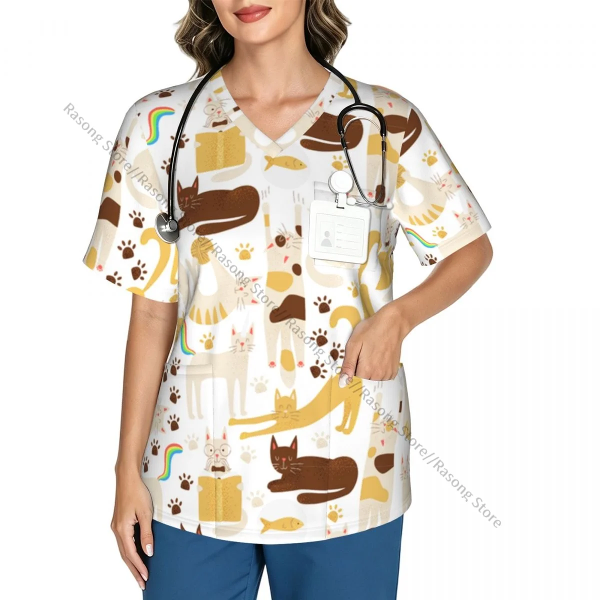 Women's Medical Scrub Top V Neck Short Sleeve Cats Funny Print Stretch Nursing Uniform for Hospital Clinic