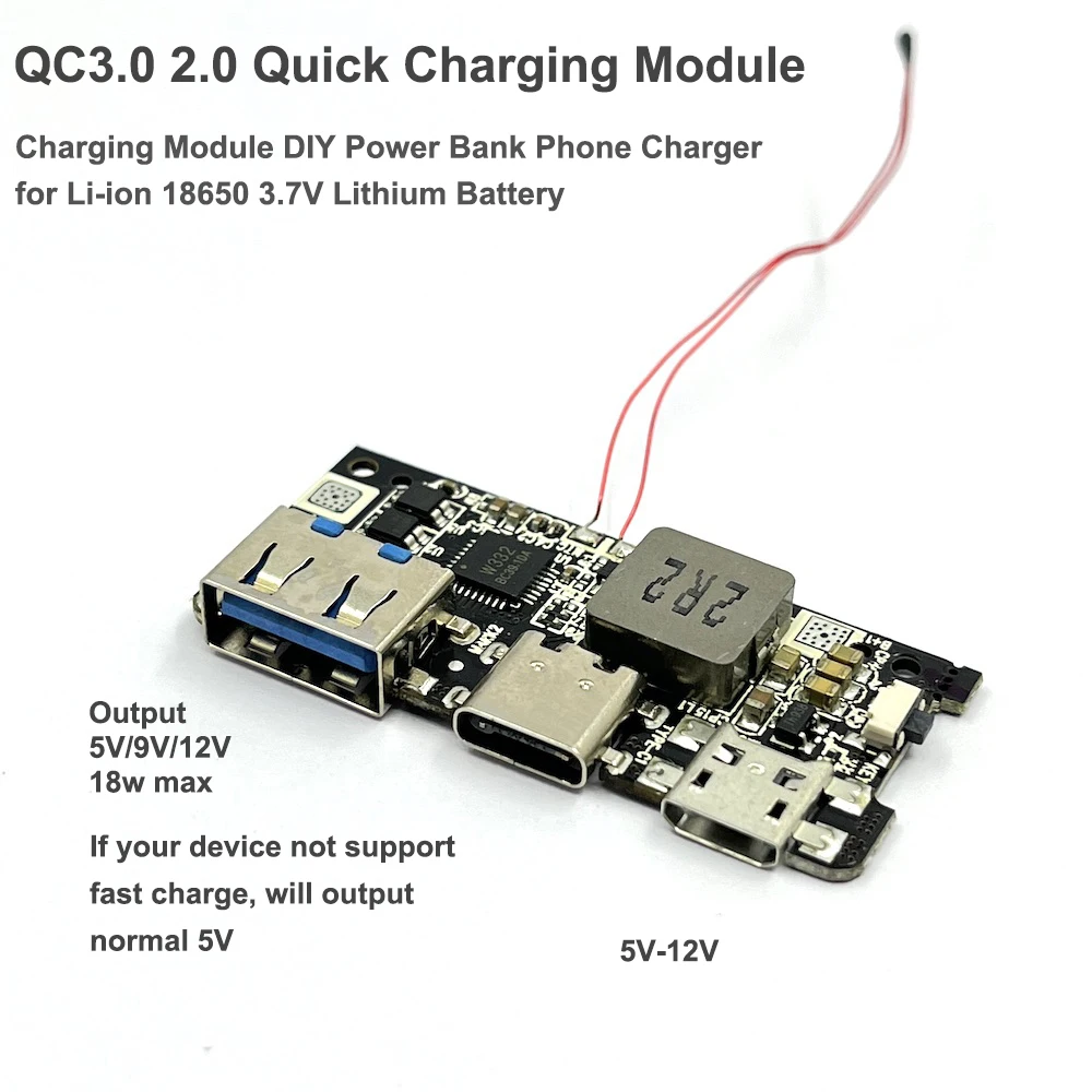 USB Type-c Micro-USB QC 3.0 Quick Charging Board DC 5V 9V 12V Fast Charger Module for 3.7V 18650 Li-ion Battery DIY Power Bank