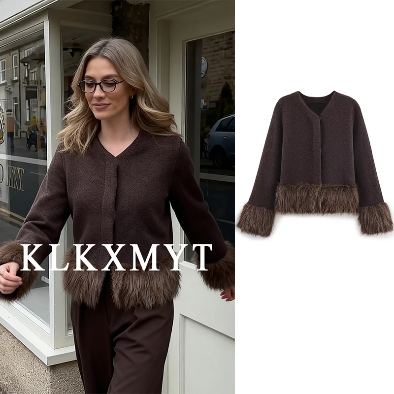 

Women Cardigan Coat 2025 Women Fashion Fur Decoration Solid Color Long Sleeve Button Cardigan Women Hight Street Elegant Coat