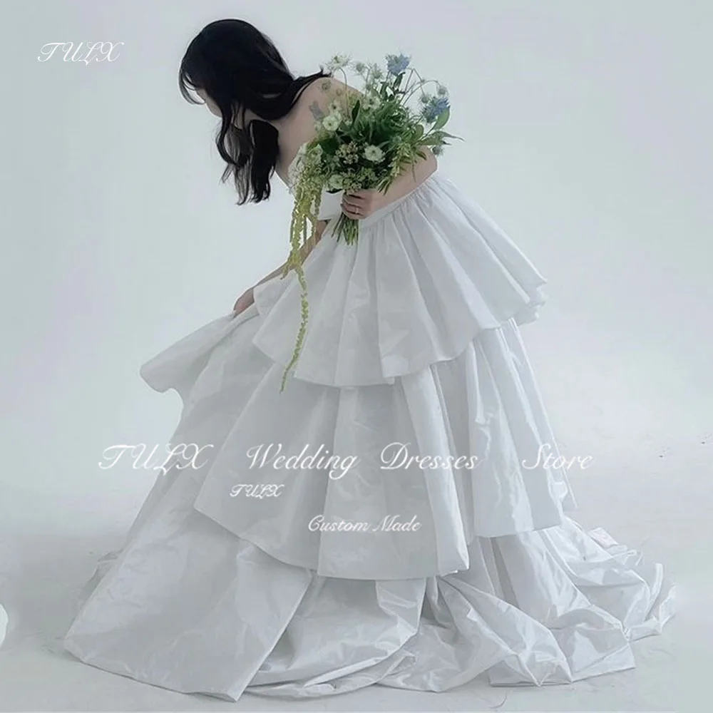 

TULX Luxury Strapless Taffeta Wedding Dresses Corset Back Korea Photo Shoot White A line Long Tiered Bridal Gowns Custom Made