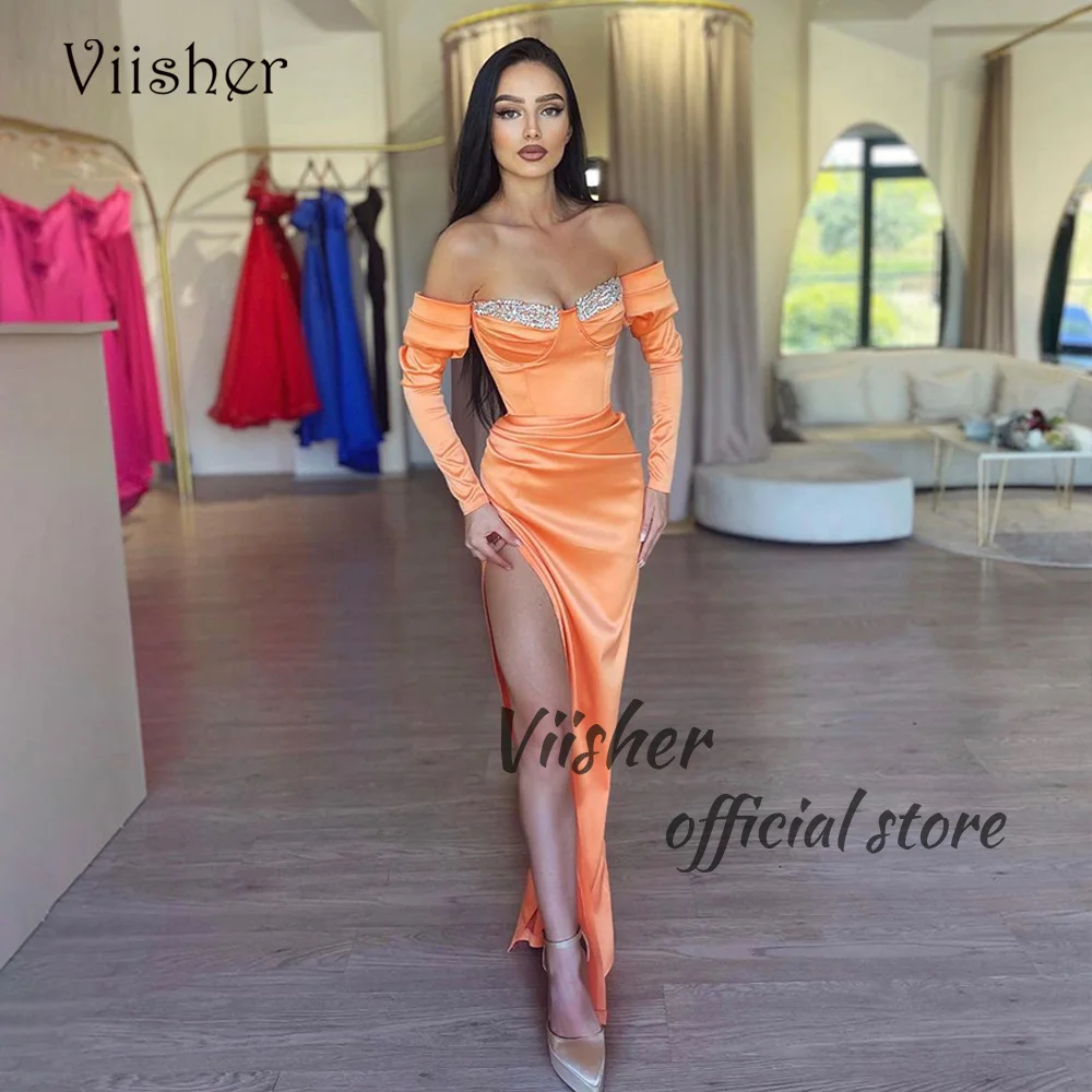 Viisher ชุดราตรีนางเงือกผ้าซาตินสีส้มพร้อมลูกปัดผ่าชุดเดรสงานพรอมแขน3/4แบบทางการรัดรูปชุดออกงานกลางคืนยาว