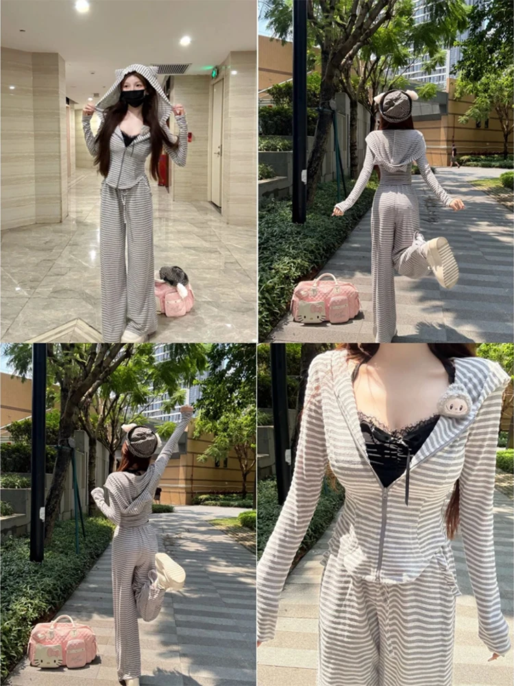 

Autumn Winter Slimming Design Hooded Striped Open Cardigan Top Wide Leg Pants Set Women's Faion Spor Sle Casual Wear