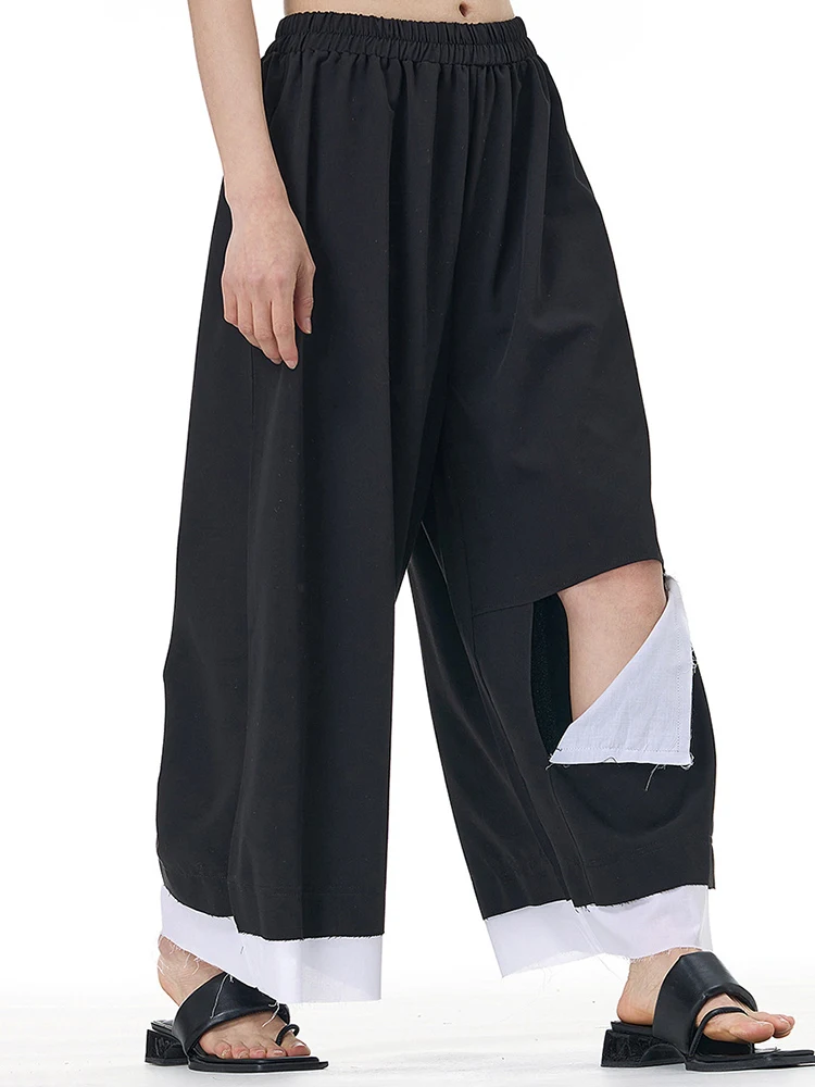 High Elastic Waist Black Color-block Hollow Out Wide Leg Pants New Trousers Women Fashion Tide Spring Autumn