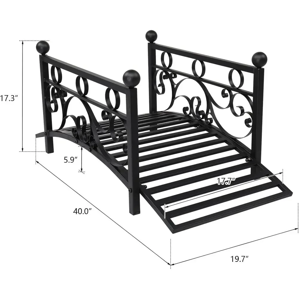 Durable Iron Outdoor Garden Bridge, Easy Assembly, Black, 102L x 51W x 43.5H cm