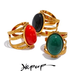 Yhpup Red Black Green Stone Stainless Steel Open Adjustable Popular Fashion Ring Gold Plated Waterproof Women Jewelry Gala Gift