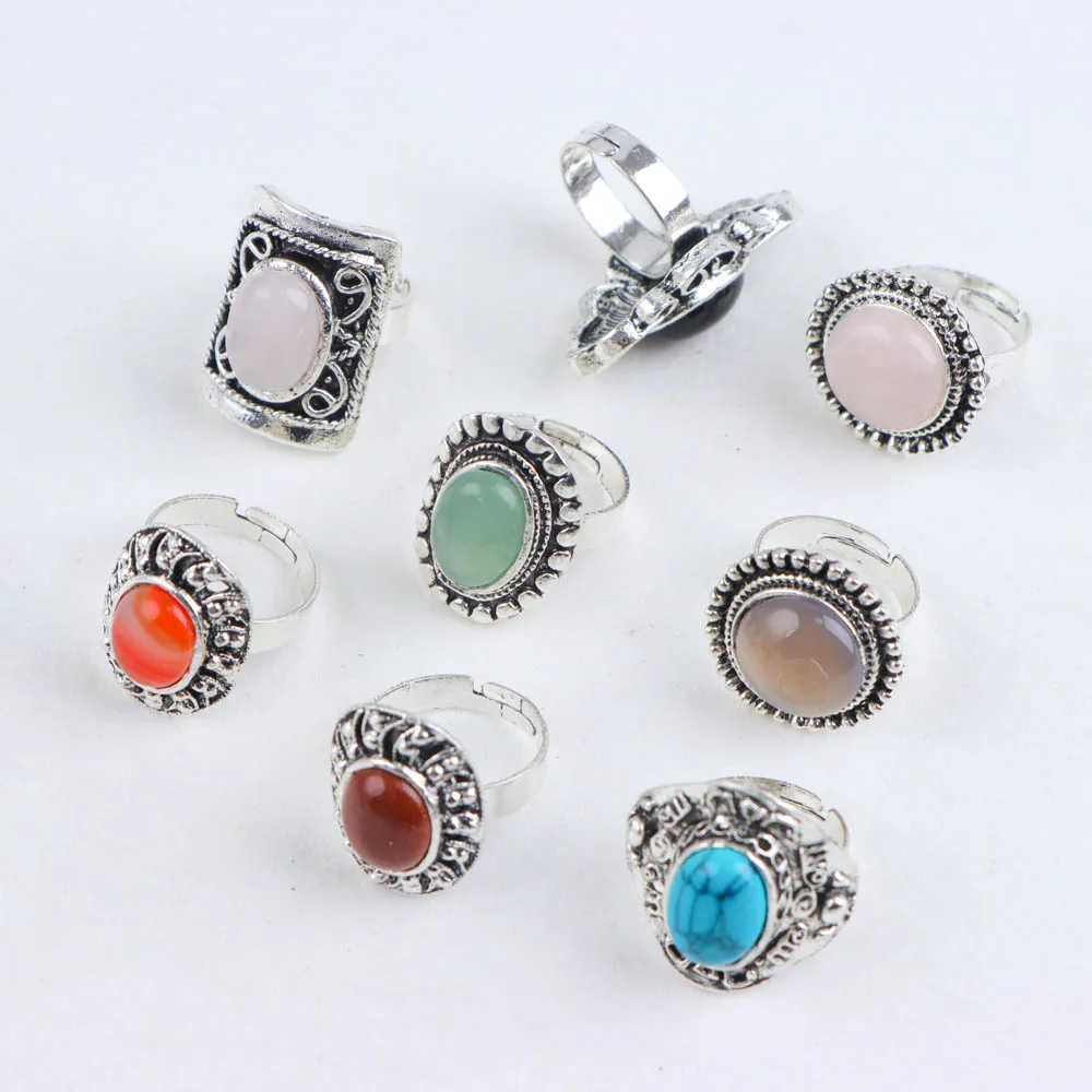 10/20Pcs/Lot New Fashion Bulk Vintage Flower Geometry Patten Colorful Stone Open Rings Jewelry For Women Mix Style Party Gifts