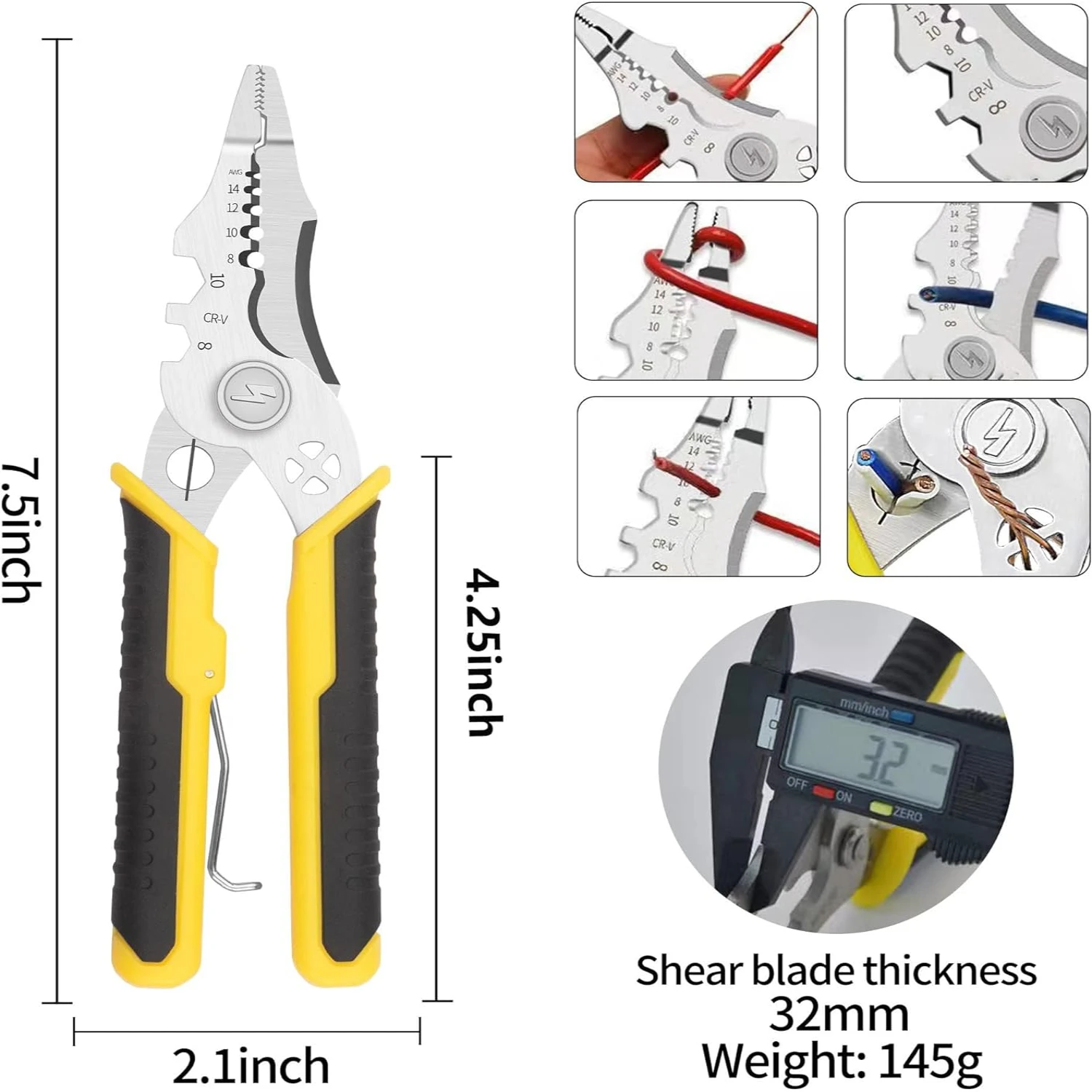 Ferramenta multifuncional de descascador de fios com design de precisão de 7,5 polegadas, eficiente e confortável - Grau profissional resistente com Dura