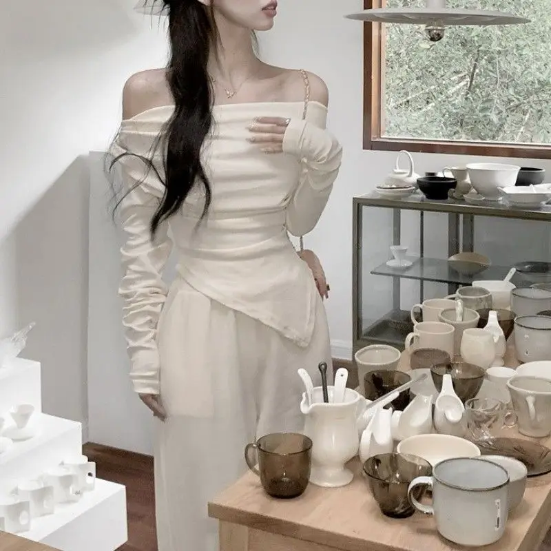 

Чистый сексуальный женский стиль для девочек, топ на одно плечо с длинными рукавами, весенний топ с открытыми плечами, нестандартный дизайн NicheXQ63