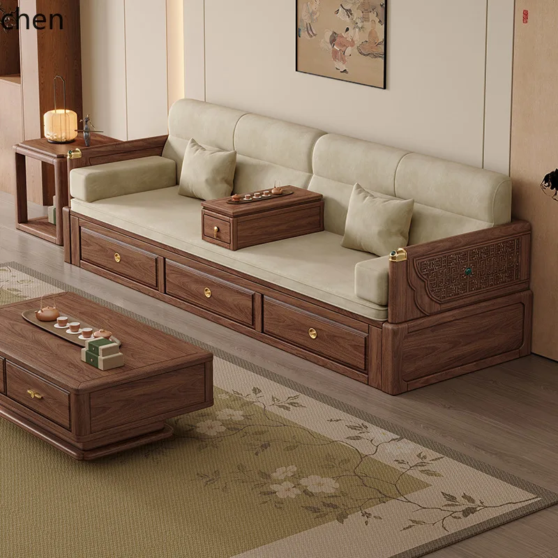 ZML Solid Wood Living Room Dual-use Sofa Bed Modern Minimalist Retractable Drawer Straight Row Sofa Bed Furniture
