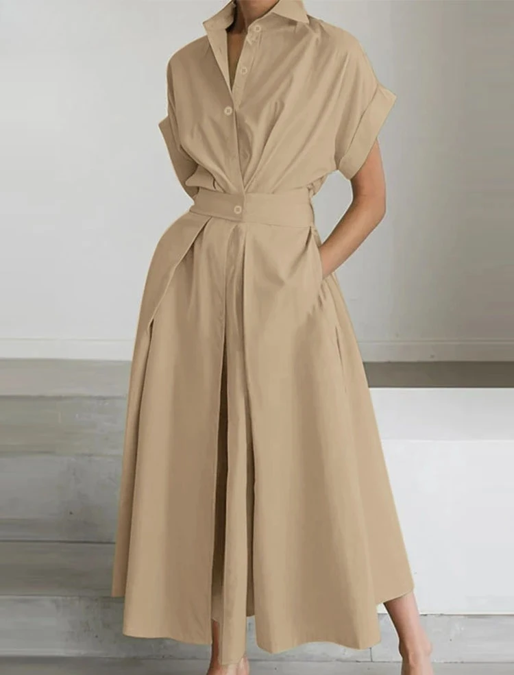 

Women Summer Work Dress Elegant Short Sleeve Office Sundress Casual Solid A Line Buttons Holiday Vestidos