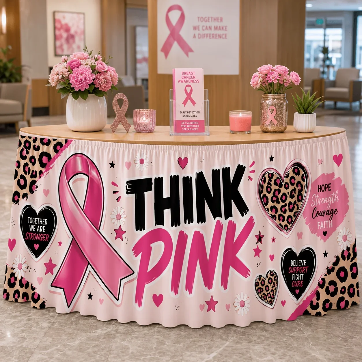 One tablecloth table skirt: Think Pink - Pink ribbon leopard print heart-shaped daisy star motivational text printxzj