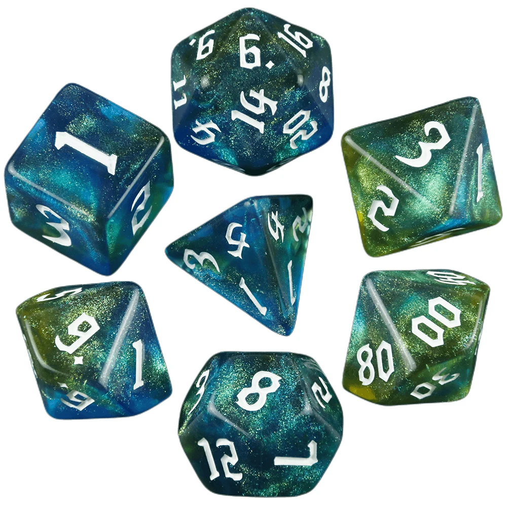 7 Pcs of New Double Colors Dice Polyhedral Gold Font Digital Dices Kit for TRPG RPG D20 D12 D10 D8 D6 D4 Table Game Board Gaming