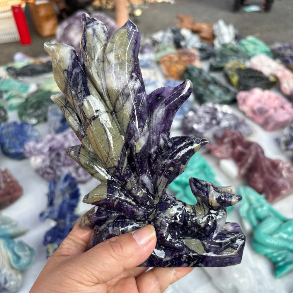 1PCS Natural Quartz Network Stone Nine-Tailed Fox Carving Polished Reiki Healing Energy Stone for Feng Shui Room Decor & Gift