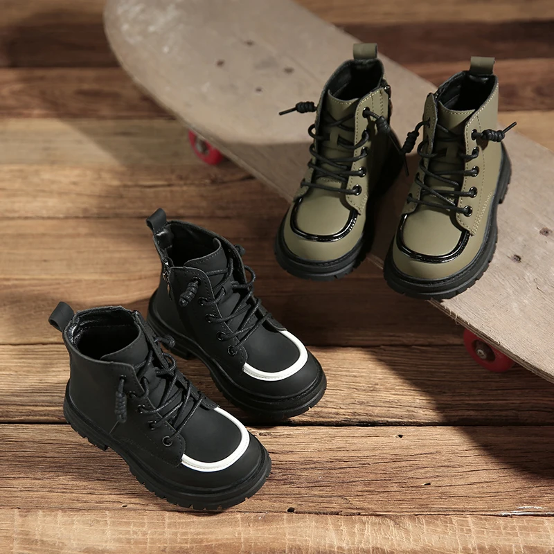 Children Fashion Leather Boots Warm Fleece Lined Non-Slip Kids Casual Ankle Boots Boys Girls Short Boots Side Zipper 2026 Winter