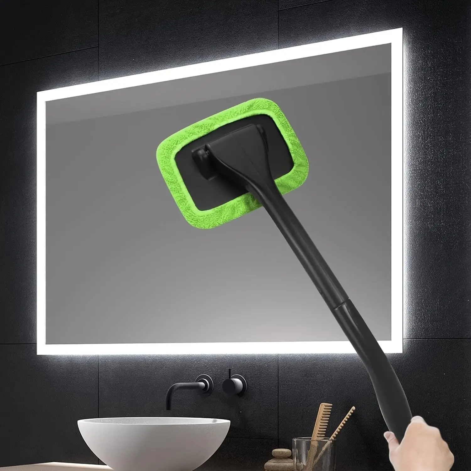 Windshield Cleaning Tool Car Window Cleaner and Home, Kitchen, Bathroom, Any Glass Reusable and Washable Microfiber Pads and Extendable Handle Auto Inside Glass Wiper Kit - Green