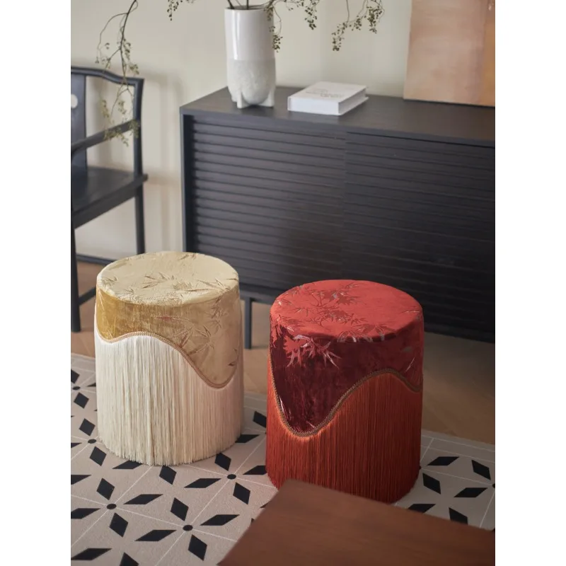 Original removable and washable new Chinese retro French medieval cut velvet fringed makeup stool low stool shoe changing stool