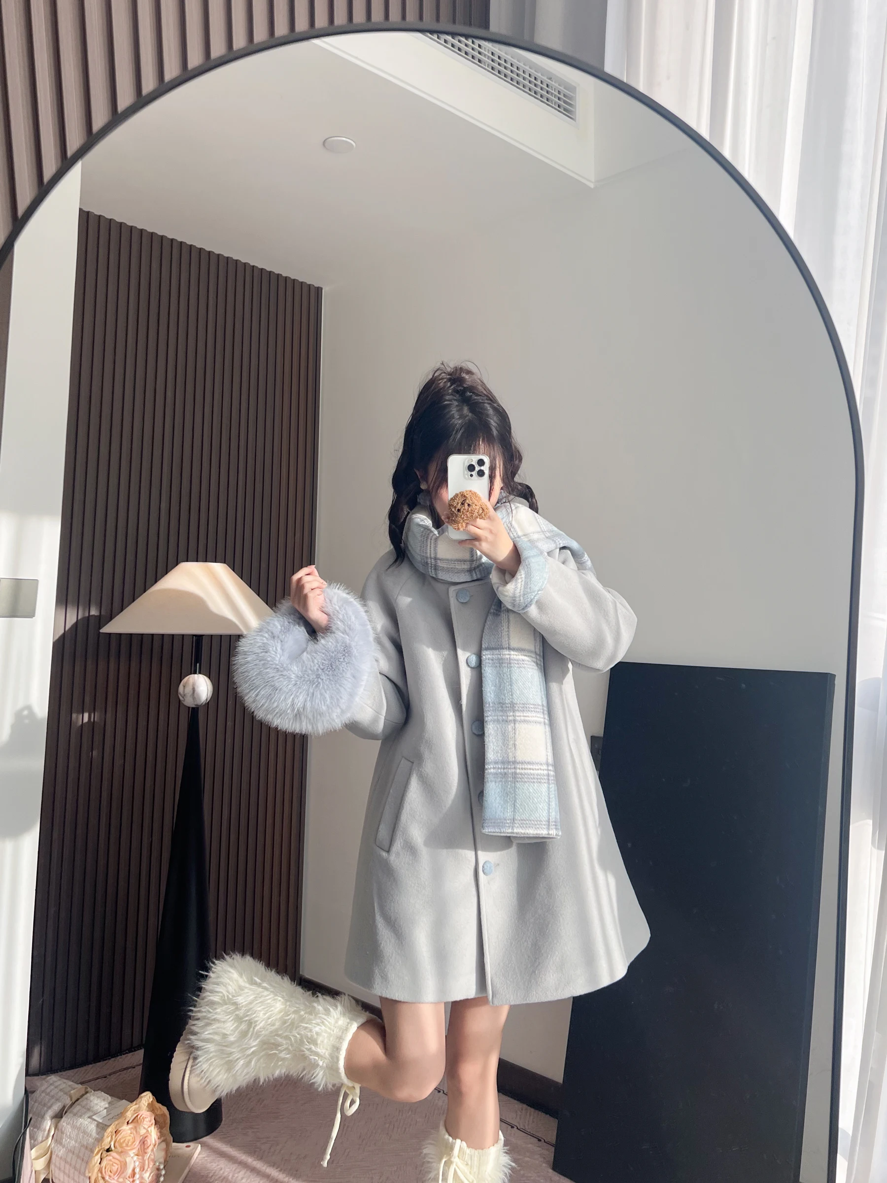 

Original Huazqi Deer Thiened Warm Woolen Coat Set with Scarf Loose Fit Faionable Korean Sle Women's Winter Outerwear