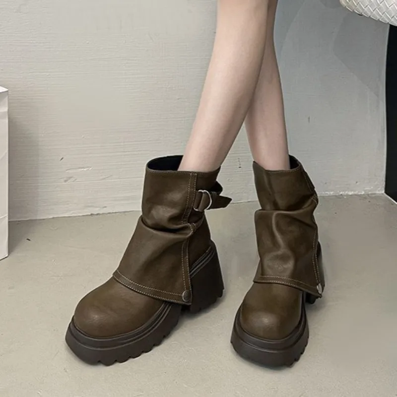 2026 New Folded Round Head Thick Heel Boot Spring Autumn Chunky Heeled Fashion Shoes Platform Short Booties view 3