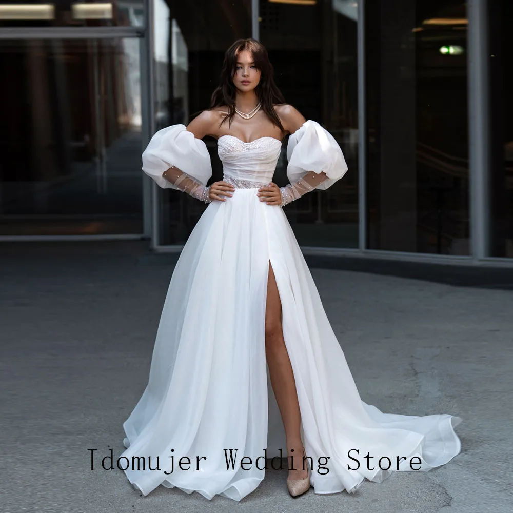 

Luxury Tulle Strapless Puff Sleeve Wedding Dress Split Floor Length Train Formal Evening Gown свадебное платье