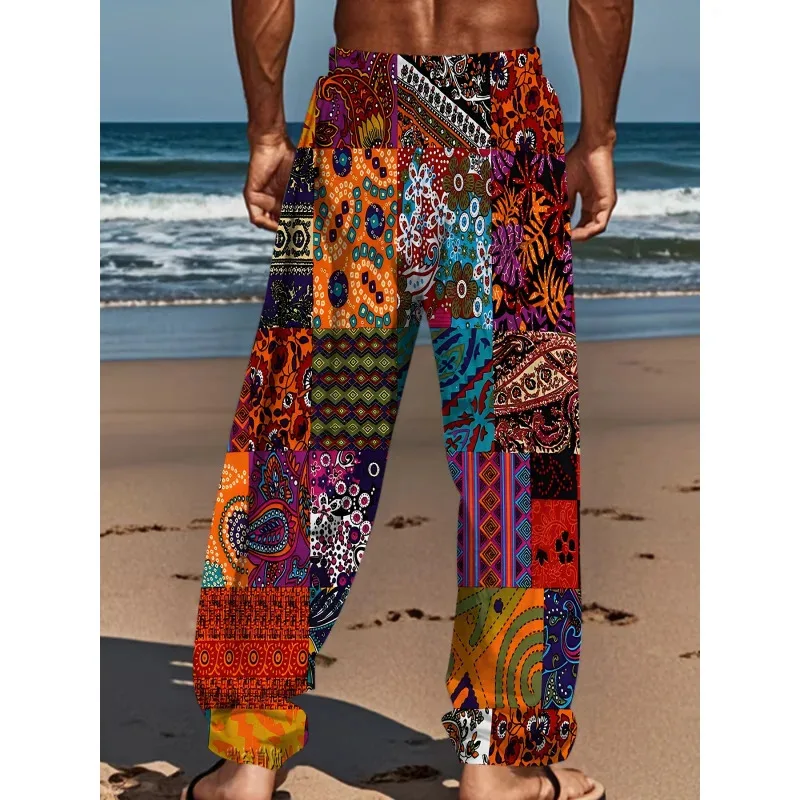 MEN'S Casual Bohemian Printed Drawstring Straight Leg Pants With Slight Stretch Loose Fit Active Trousers With Vintage Style