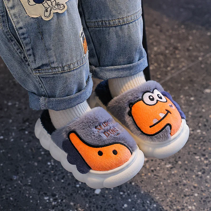 Cute Cartoon Dinosaur Children Plush Slippers Soft Sole Non-slip Winter Warm Baby Boys Girls Indoor Home Heel Wrap Cotton Shoes