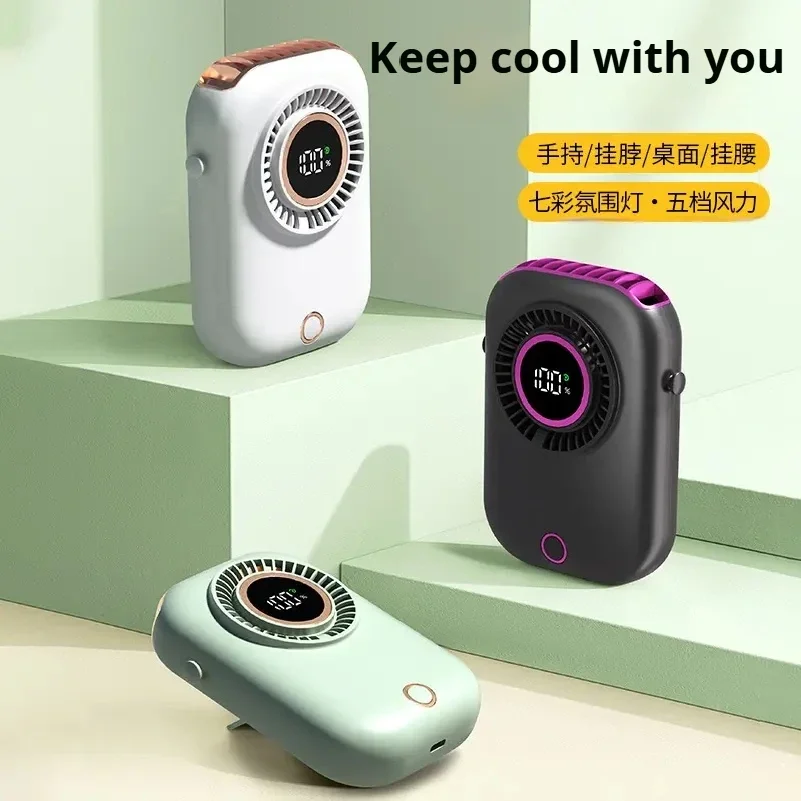 

New Hanging Neck Intelligent Digital Mini Fan With Five-Speed Adjustable Multifunctional Fan With Ambient Lighting