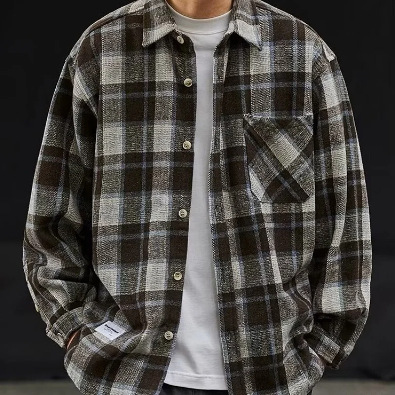 

Heavy Wool Plaid Shirt for Men2023New American Retro Color Block Top Couple Casual Long Sleeve Shirt