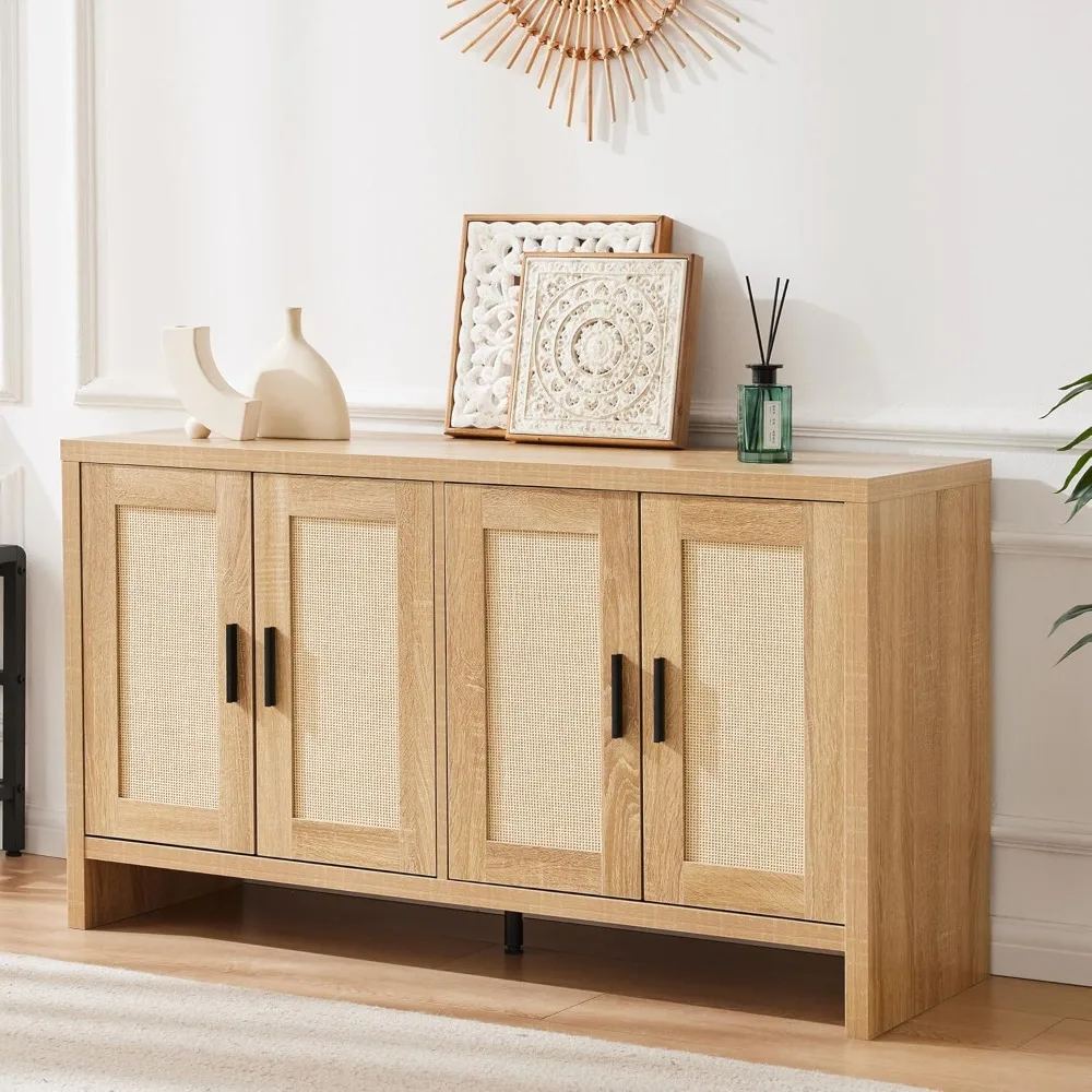 

Rattan Buffet Cabinet with Storage, Sideboard Cabinet with Doors and Adjustable Shelves, Farmhouse Coffee Bar Station Table
