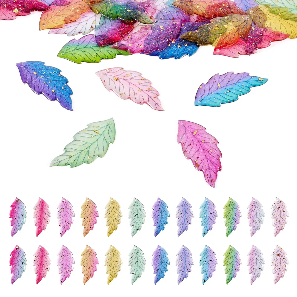 1 Set Gradient Epoxy Resin Leaf Charms Pendants with Gold Color Foil for Earrings Necklaces Making Crafts Jewelry Accessories