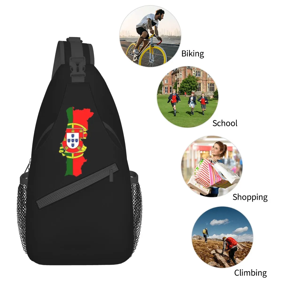 Bolsa Crossbody Sling com Mapa de Portugal, Bandeira Portuguesa, Mochila de Ombro, Caminhada, Viagem, Camping, Mochila