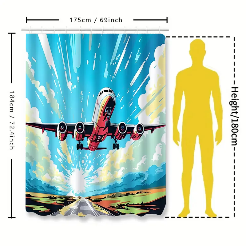 ‌Vibrant Retro Airplane Design Bath Curtain‌ Waterproof Fabric Ideal for Bathroom Decor Includes Hanging Rings for Easy Setup