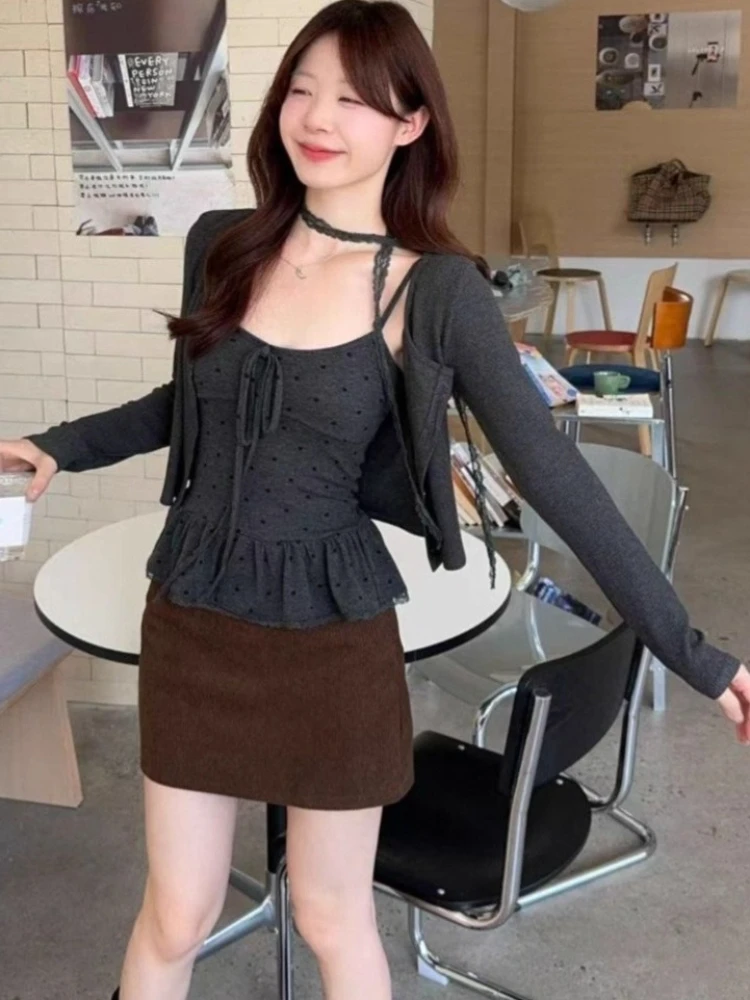 Korean Two-piece Set Women Clothes New Spring Cropped Long Sleeve Cardigan + Chic Polka Dot Vintage Ruffled Vest Y2k Korean Suit