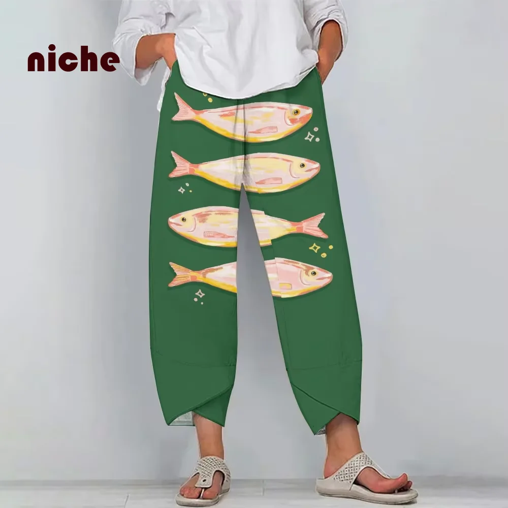 

Casual Women Beach Pants, Cartoon Fish Printing, Comfortable Fashion Trend, Soft Nine Point Pants, High Quality