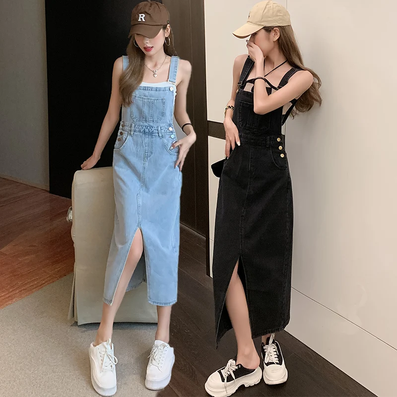 

Summer Women's Mid-Length Denim Suspender Dress Front Split Strap Bodycon Dress Casual Slim Fit Ladies' High Waist Dress