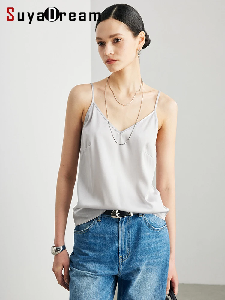 

SuyaDream. Women Silk Camis, 90%Real Silk, V neck, Sleeveless Chic T Shirt, Solid Camisoles, 2026 Spring Summer Vests, Champagne
