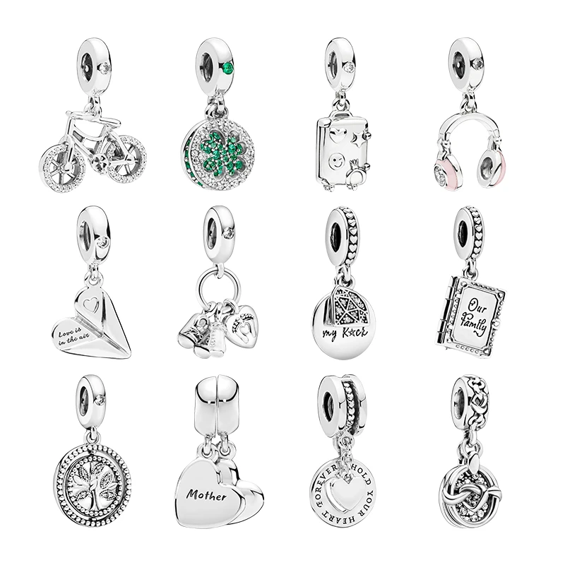 925 Silver Pendants Charms For Women Bracelets DIY Bicycle Four Leaf Clover Suitcase Headphones Plane Book Tree Of Life Hearts