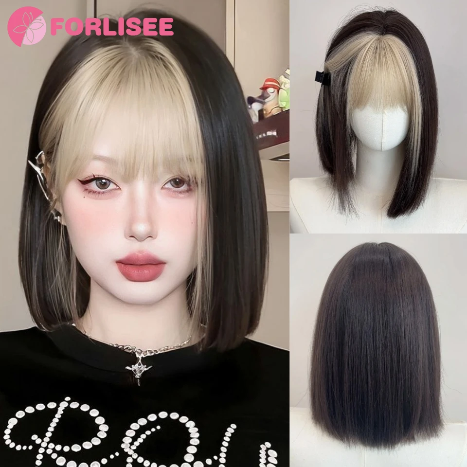 

Короткие прямые синтетические парики Боб, черный парик из натуральных волос с платиновой челкой для женщин, милый парик для косплея, термостойкое волокно