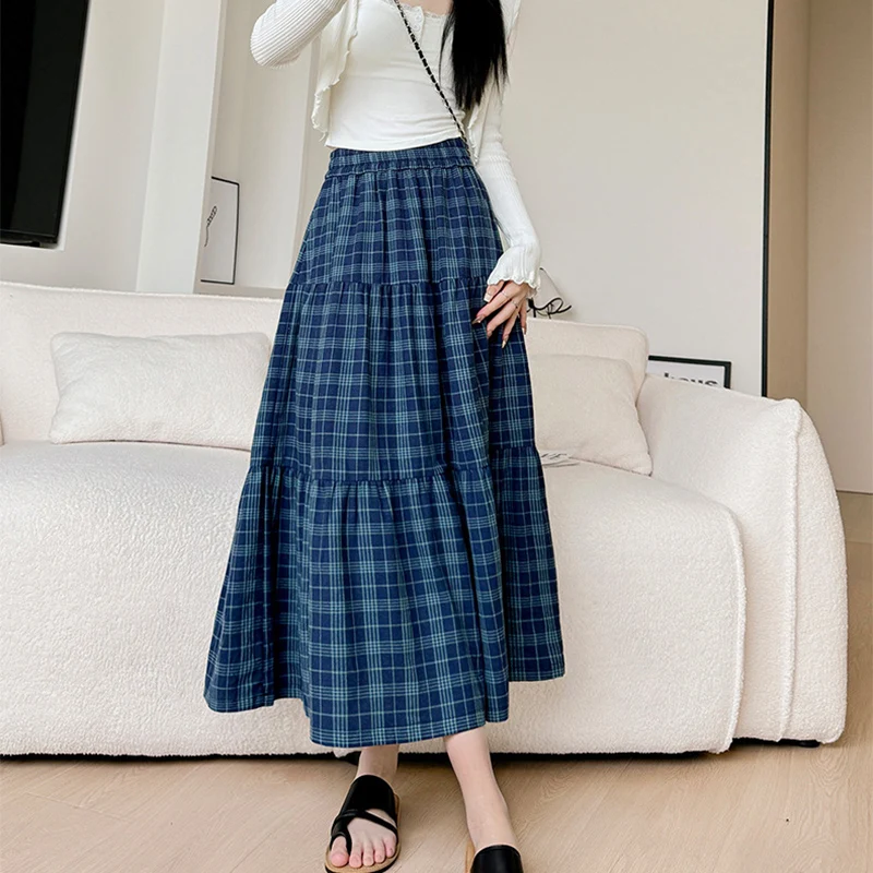 レトロなオールマッチチェック柄ミディスカート レディース シンプルファッション プリーツAラインスカート 女性用 薄手 ハイウエスト スイングスカート