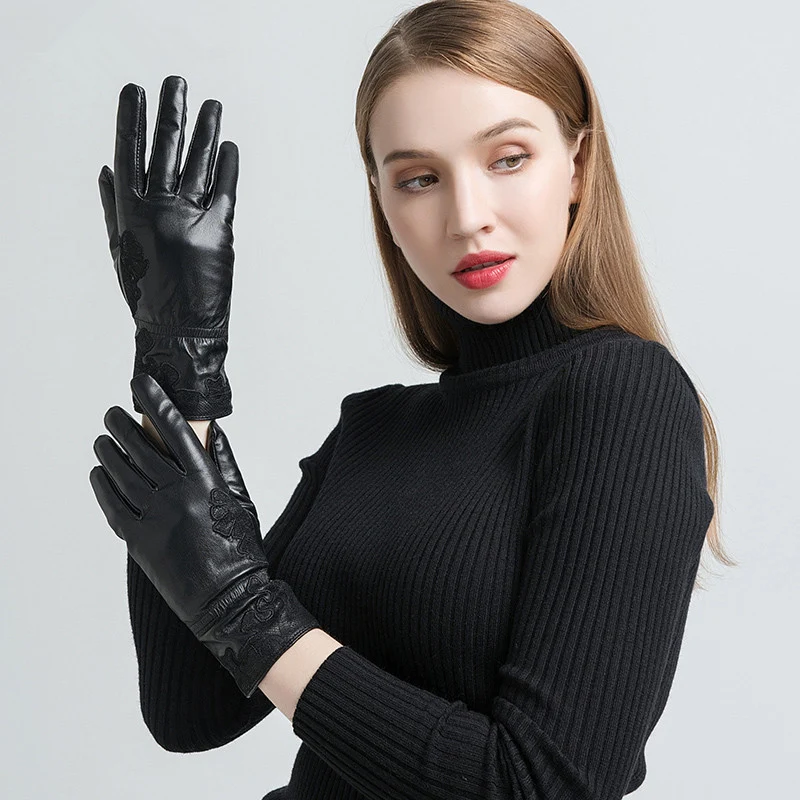 GOURS Winter Real Leather Gloves Women Black Genuine Goatskin Gloves Fashion Wool Lining Warm Soft Driving New Arrival GSL055