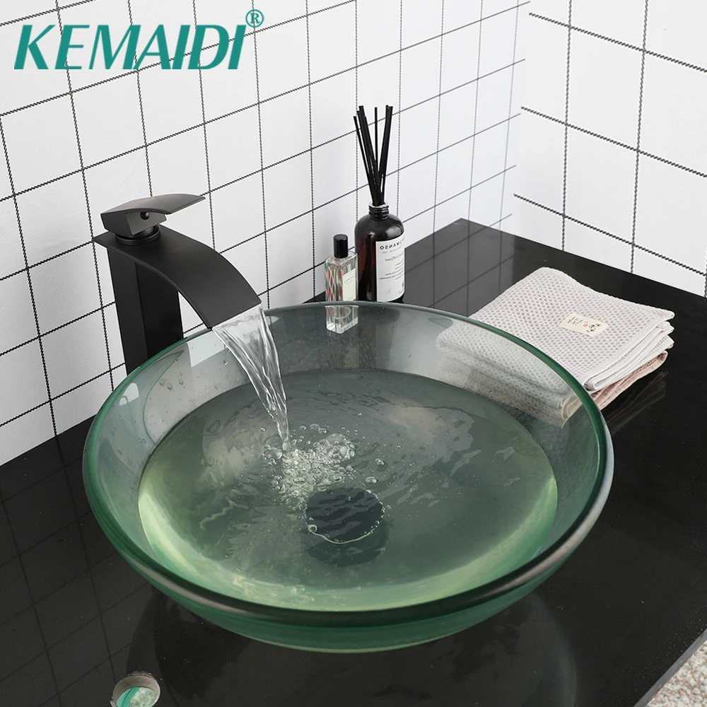 KEMAIDI Tempered Glass Basin Transparent  Round Sink andFaucet Tap Combo Set Hot Cold Water Mixer Basin Faucets Set Deck Mounted