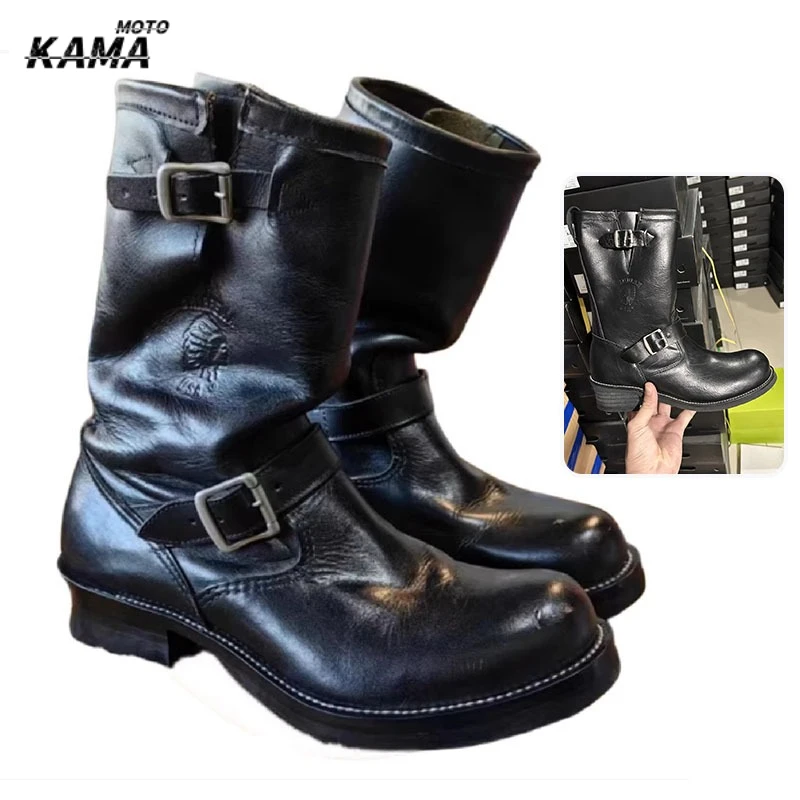 

Men's Genuine Leather Motorcycle Boots Mountaineering Shoes Lace-Up Metal Outdoor Mid-calf Western Hiking Boots Botas Moto