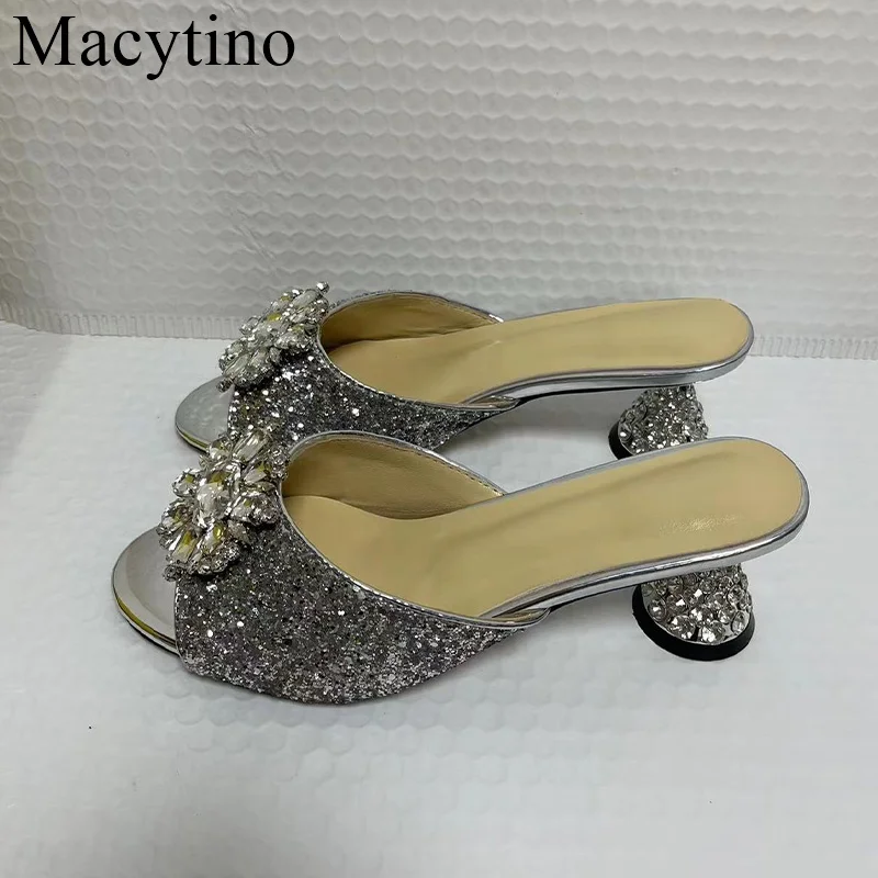 2024 Summer Rhinestone High Heels Cool Slippers Women Fashionable Wine Glasses With Sandals Pedal Women\'s Shoes Word Flops