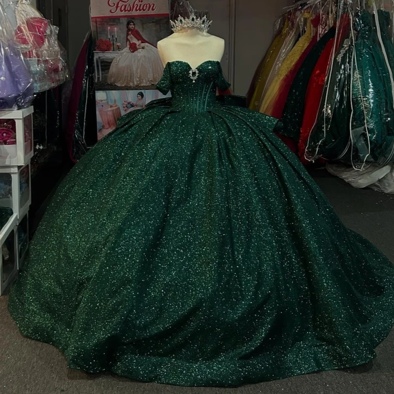 

Blackish Green Shiny Quinceanera Dresses Ball Gown Off The Shoulder Beading Crystal Bow Tull Corset Party Birthday Sweet 16 Dres