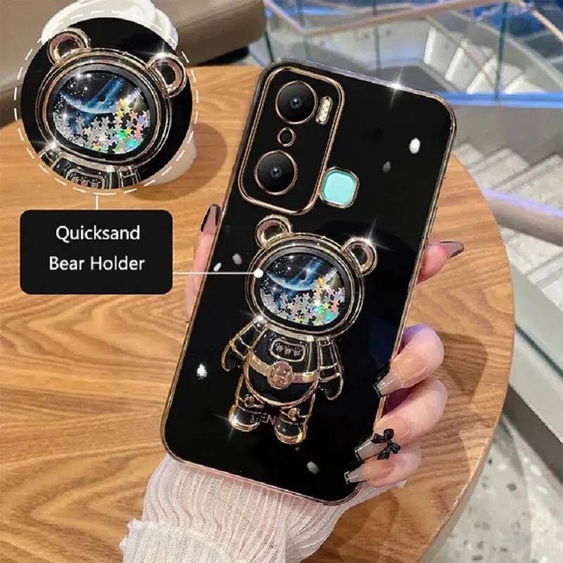 Phone Case For Infinix Hot 20 Play Soft Silicone Luxury Plating Cartoon Bear Fold Stand Phone Case Cover