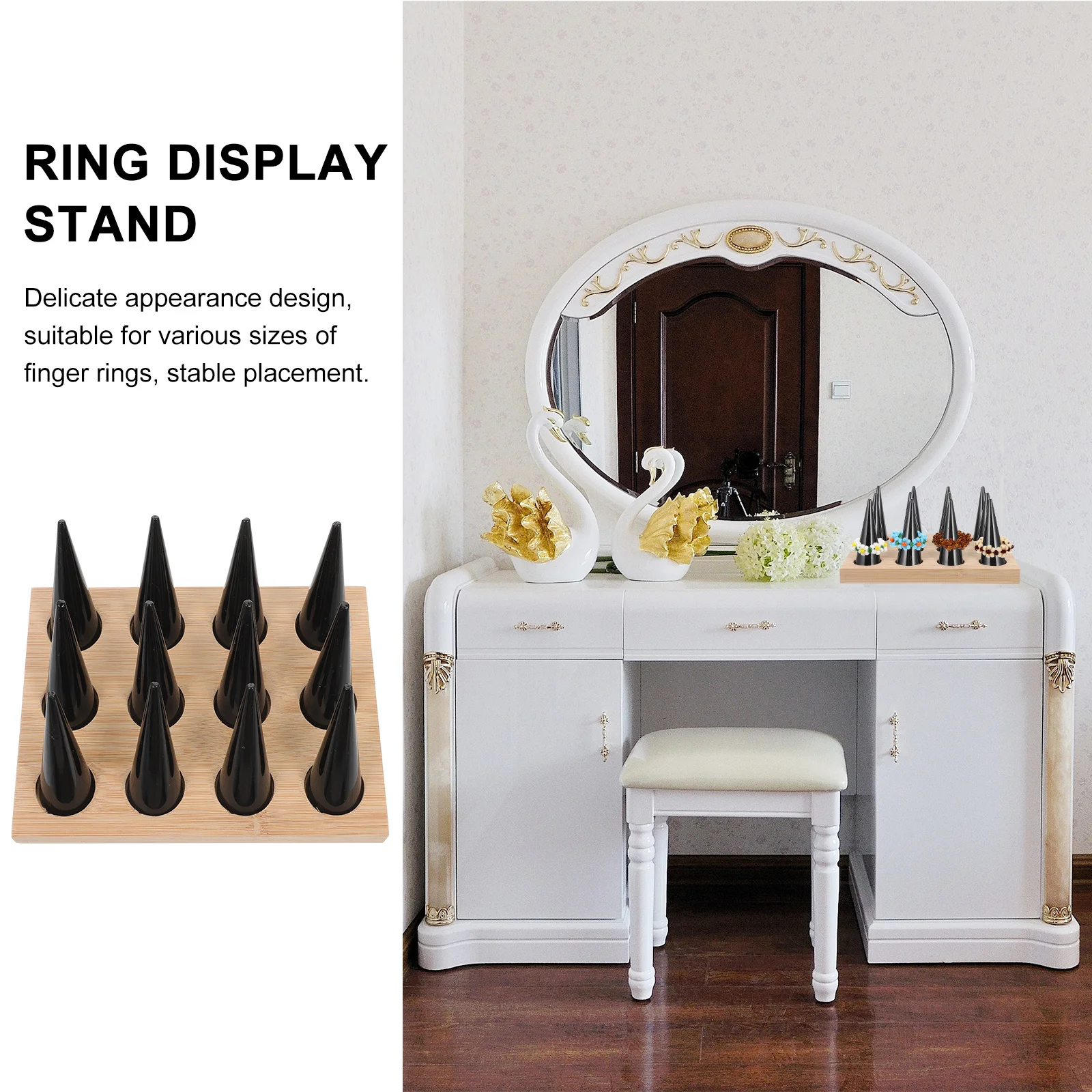 

1Set Bamboo Wood Ring Display Stand Stable 12-Cone Jewelry Ring Holder Rack Organizer Showcase for Boutique Store Use